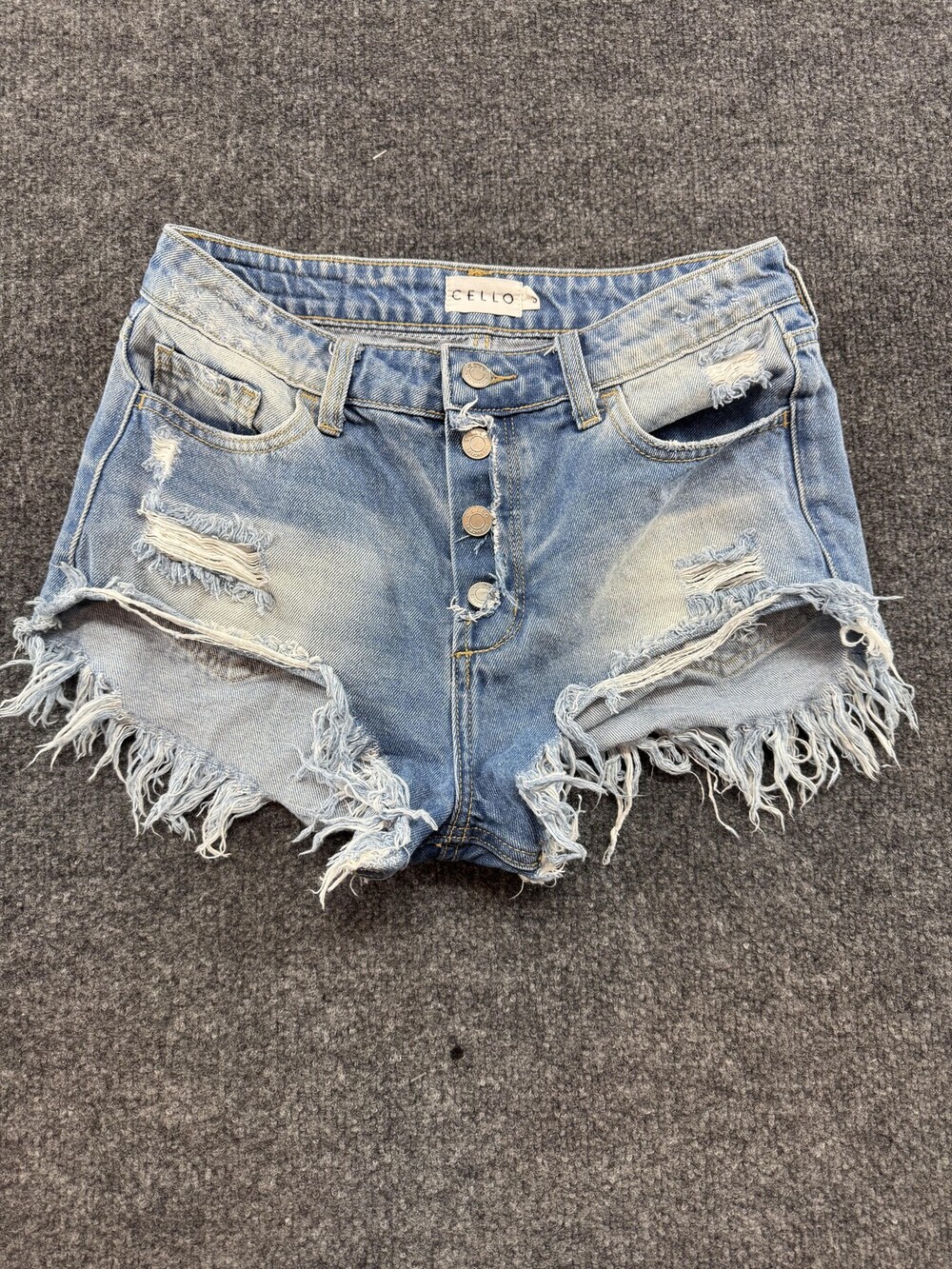 Cello Shorts Womens Small Blue Denim Distressed High Rise Button Fly Frayed